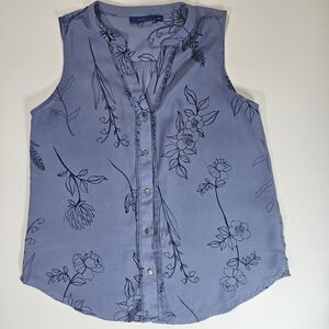 APT 9 Shirt Womens Small Blue Sleeveless Floral Print Button Front Office‎ Top
